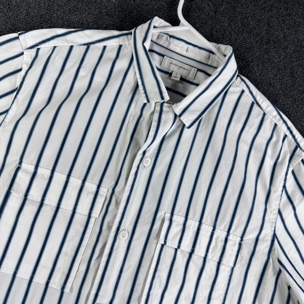 Banana Republic‎ Mens Large Short Sleeve Button Down Striped Utility Shirt White